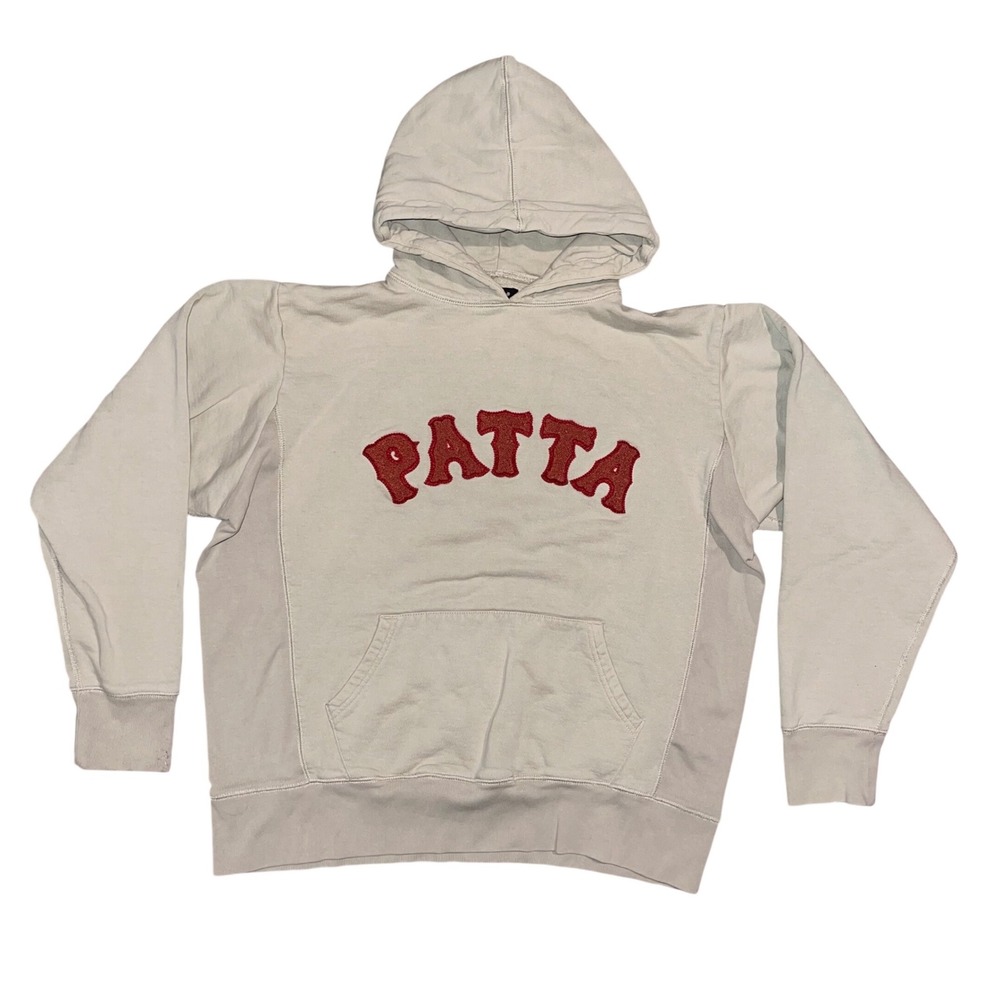 Patta Arch Logo Hoodie Mens XL Sand Beige Red Chenille Streetwear Pullover